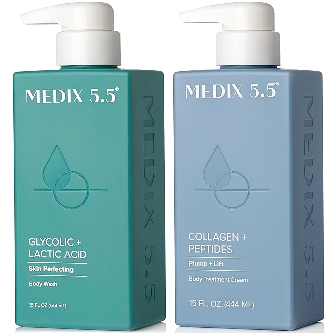 Medix 5.5 Exfoliating AHA Glycolic Acid Face & Body Wash Cleanser + Collagen Moisturizing Body Cream Lotion Skin Care 2PC Set | Alpha Hydroxy Acid & Lactic Acid Foaming Body Wash & Face Wash, 2-PC