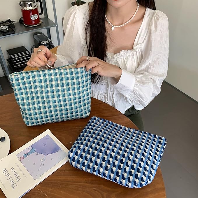 Makeup Bags for Purse Zipper Cosmetic Pouch Large Travel Canvas Make Up Organizer Tool Pouch for Women and Girls,Grid Blue