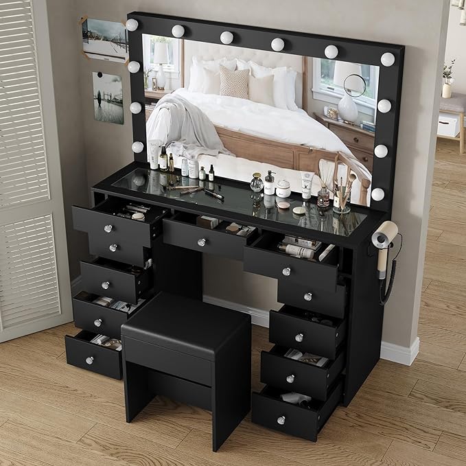 Vanity Desk & Power Outl, Makeup Table with Mirror and 12 LED Lights, Makeup Table with 11 Drawers, 3 Lighting Modes Brightness Adjustable(Black)