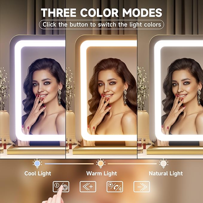 Hasipu Vanity Mirror with Lights and Bluetooth Speaker, 32" x 21.7" LED Makeup Mirror, Lighted Makeup Mirror with Dimmable 3 Modes, USB Charging Port, Round Gold