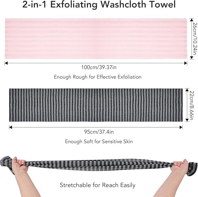 Exfoliating Washcloth Shower Towel - 2 Pack Back and Body Scrubbers for Smooth Skin | Quick-Drying, Durable, and Gentle for Sensitive Skin (Black+Pink)