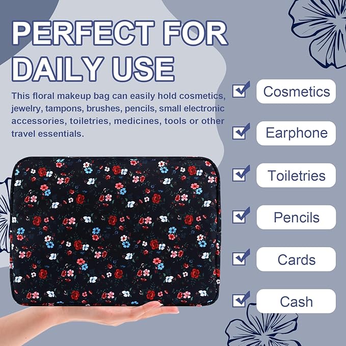 Waterproof Large Floral Makeup Pouch,Nylon Travel Toiletry Storage Purse Preppy Cosmetic Bag for Women Girl,Large Capacity Makeup Organizer Zipper Pouch for Work(L Black-Flowers)