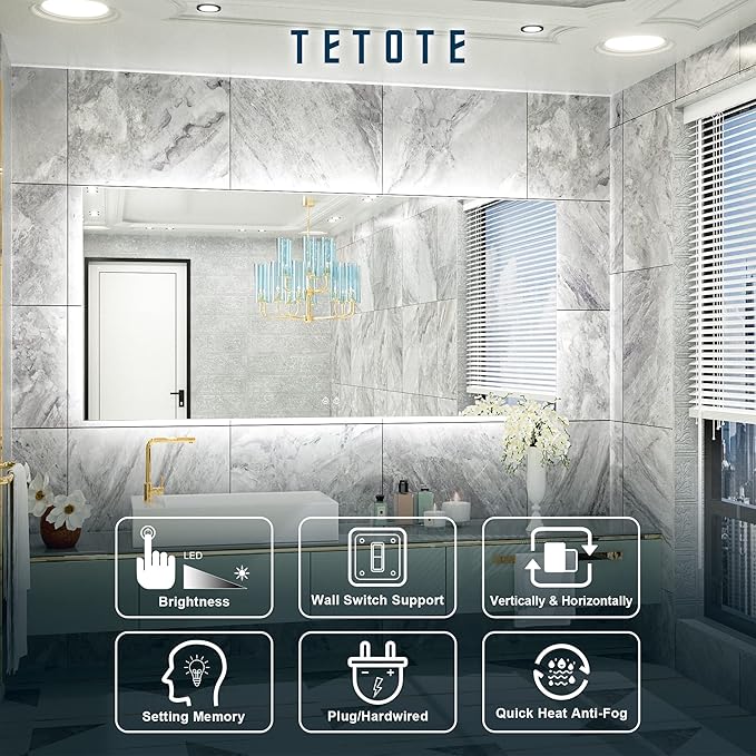TETOTE 60 x 28 Inch LED Backlit Mirror with Light Bathroom Vanity Lighted Mirror,Anti-Fog,Dimmalbe,CRI90+,Waterproof,Wall Mounted