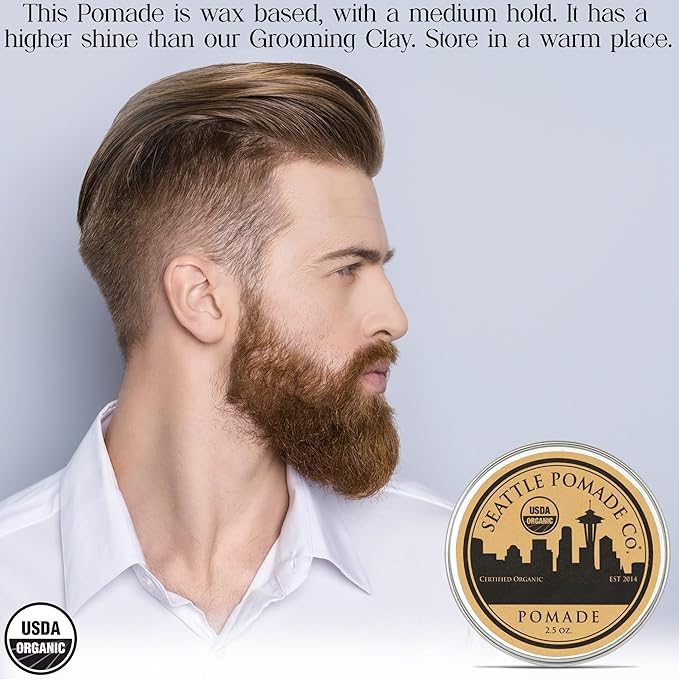 Seattle Pomade Co. USDA Certified Organic Pomade. Medium Hold & High Shine, Hair Styling Formula Non GMO, Made with organic materials from around the world.