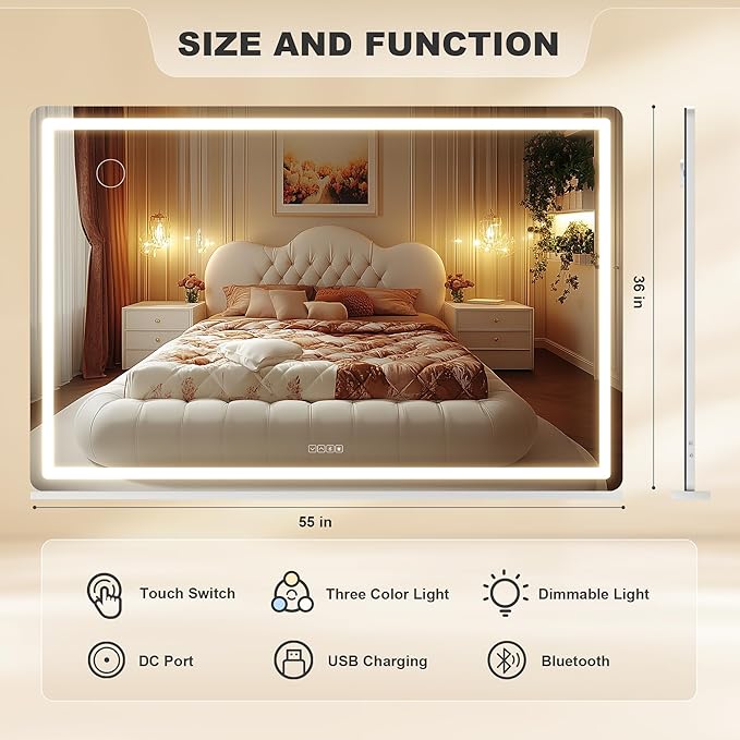 Hasipu Vanity Mirror with Lights and Bluetooth Speaker, 55.1" x 35.8" LED Makeup Mirror, Lighted Makeup Mirror with Dimmable 3 Modes, Touch Screen Control Vanity Mirror Round White