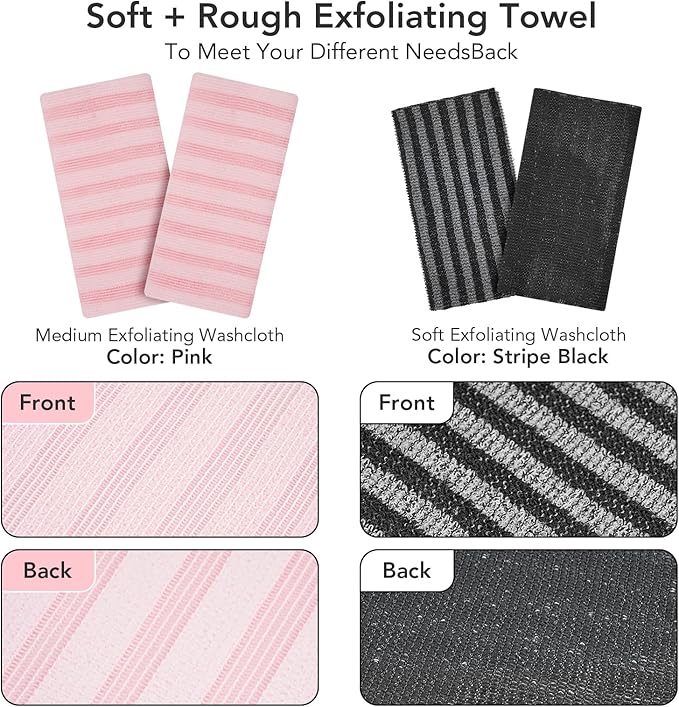 Exfoliating Washcloth Shower Towel - 2 Pack Back and Body Scrubbers for Smooth Skin | Quick-Drying, Durable, and Gentle for Sensitive Skin (Black+Pink)