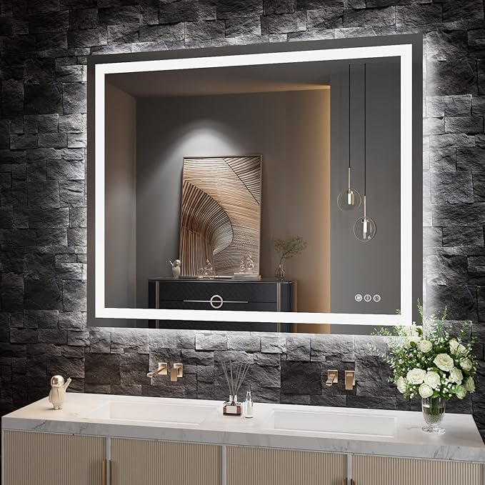 Amorho LED Bathroom Mirror 48''X40'' with Front and Backlit, Stepless Dimmable Wall Mirrors with Anti-Fog, Shatter-Proof, Memory, 3 Colors, Double LED Vanity Mirror, ETL Listed
