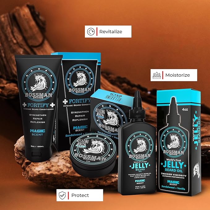 Bossman Essentials Beard Kit for Men, Set of 3 - Beard Oil Jelly, Fortifying Conditioner Cream, Beard Balm - Grooming Growth Care Accessories (Magic)
