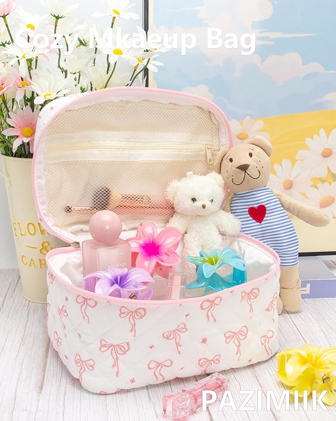 3PCS Makeup Bag SET Large Travel Quilted Zipper Soft Cosmetic Case Pouch for Women Girls Make Up,Bow Pink