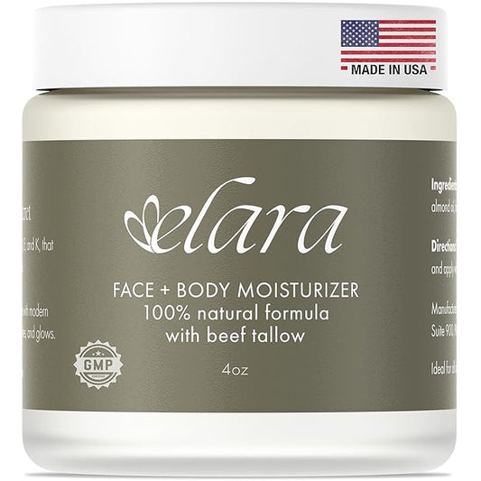 Elara Beef Tallow For Skin - Whipped Tallow Balm For Face And Body - 100% Grass-Fed Tallow Skin Balm With Marula And Sweet Almond Oil - 4 Fl. Oz. - Lavender