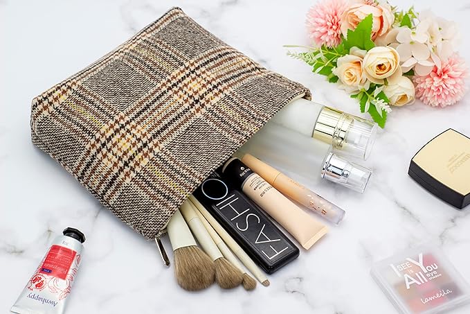 Makeup Bags for Purse Zipper Cosmetic Pouch Large Travel Canvas Make Up Organizer Tool Pouch for Women and Girls,Plaid Brown