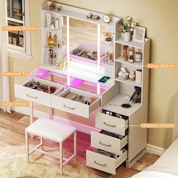 Vanity Desk with Mirror and LED Lights, 43" Makeup Vanity with Glass Top & Wireless Charging, Vanity with RGB Drawers, 3 Colors Light, Power Outlet Safety Switch for Bedroom, White