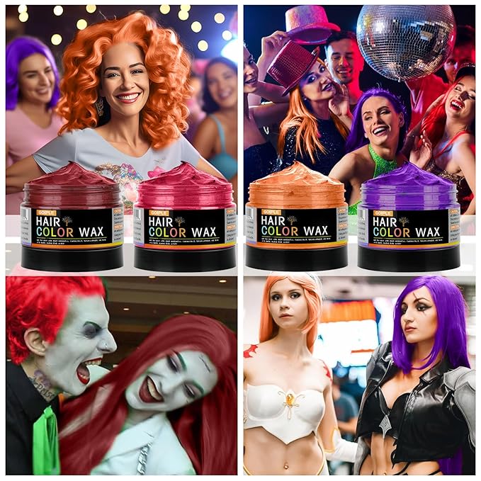 4oz Temporary Hair Color Wax for Men Women Kids Daily Party Cosplay Halloween DIY Washable Hair Wax Color Natural Instant Hair Paint Wax (Red&Orange&Claret&Purple, 5pcs)
