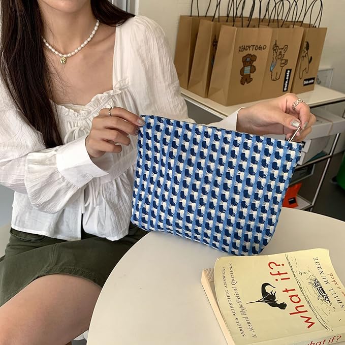 Makeup Bags for Purse Zipper Cosmetic Pouch Large Travel Canvas Make Up Organizer Tool Pouch for Women and Girls,Grid Blue