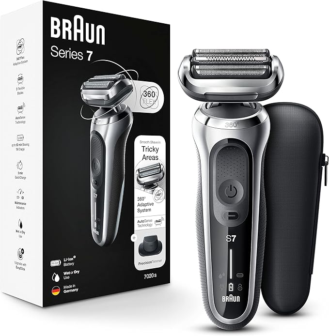 Braun Electric Razor for Men, Series 7 360 Flex Head Foil Shaver with Precision Beard Trimmer, Rechargeable, Wet & Dry and Travel Case, Black, 5 Piece Set