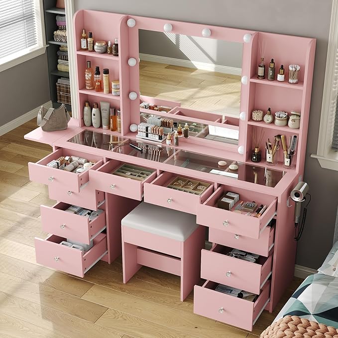 Vanity with Mirror and LED Lights,Vanity Desk with Power Outlet, Makeup Vanity with Drawers and 2 Cabinets, Fold-up Panel, Glass Top Vanity Table with Chair for Bedroom (10 Drawers, Pink)