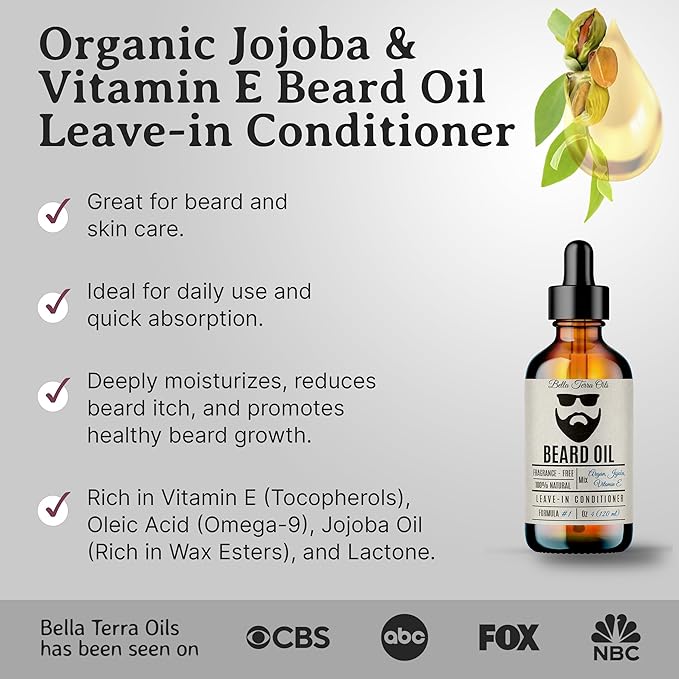 Bella Terra Oils - Beard Oil 4oz - Crafted with Genuine Natural Organic Vitamin E, Organic Jojoba & Argan, Classic Anti-Friz Formula, Elevating Beard Luster & Care