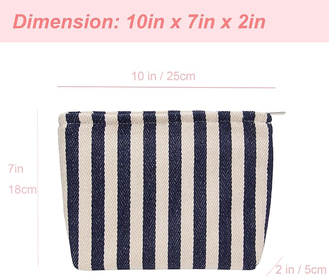 PAZIMIIK Makeup Bag Large Cotton Zipper Pouch for Purse Travel Canvas Make Up Organizer for Women Cosmetic,Stripe Navy Blue