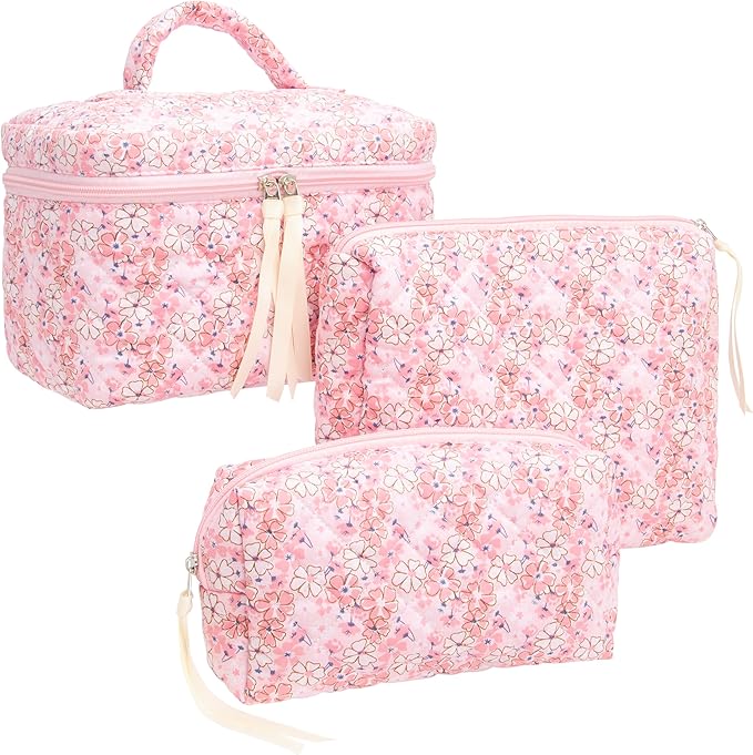 PAZIMIIK 3PCS Makeup Bag SET Large Travel Quilted Zipper Soft Cosmetic Case Pouch for Women Girls Make Up,Pink Flower