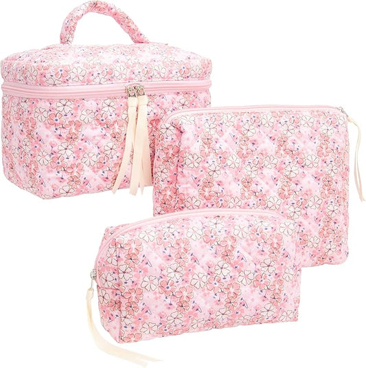 PAZIMIIK 3PCS Makeup Bag SET Large Travel Quilted Zipper Soft Cosmetic Case Pouch for Women Girls Make Up,Pink Flower