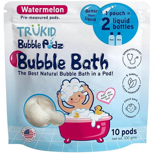 TruKid Bubble Podz Bubble Bath for Kids, Toddlers, & Babies, Tear Free Gentle & Refreshing Bath Bomb for Sensitive Skin with Natural Moisturizers, Non-Toxic, pH Balanced, Watermelon Scent (10 Podz)