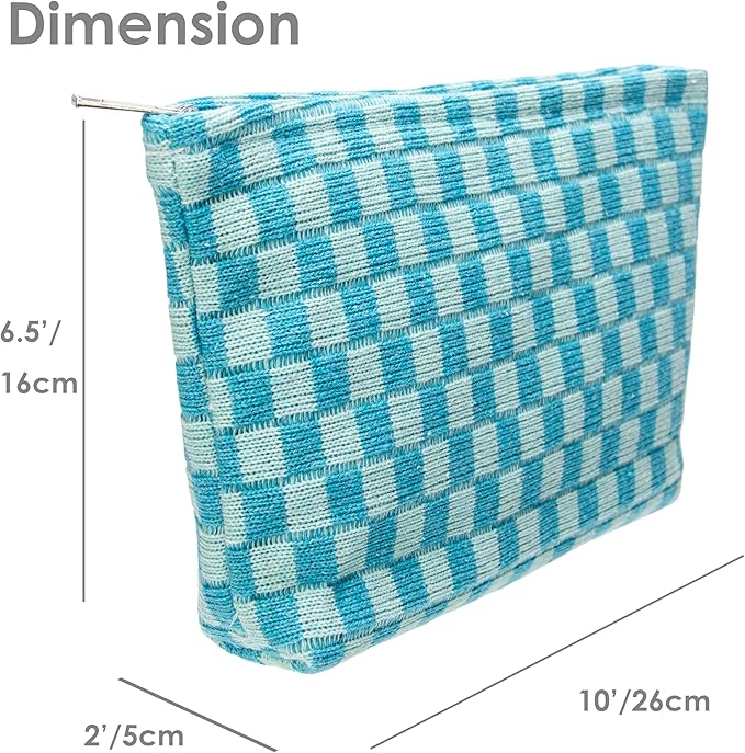 PAZIMIIK Knitted Checkered Makeup Bag Large Zipper Make Up Accessory Pouch for Purse Cosmetic Brush Bag for Travel Essential Lake Blue