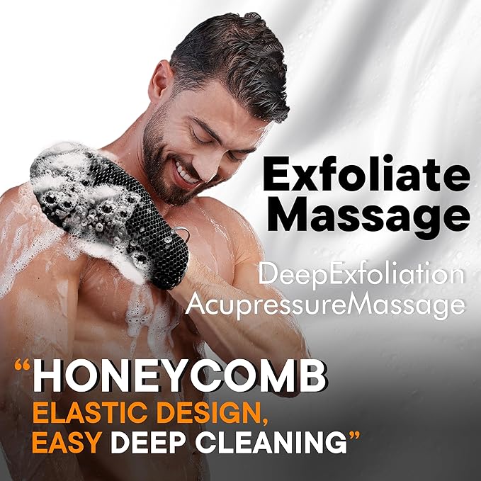 Bath Mitt - Exfoliating Glove, Honeycomb Body Scrubber,Massage Body Scrub Gloves for Home Spa,Mitt Sponges for Cleaning Body,Deep and Gentle,Fast foaming (Black(Standard,Large Size))