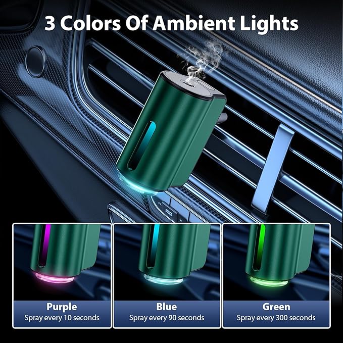 Smart Car Air Freshener, Car Air Freshener Diffuser, Car Diffuser Air Freshener with Three Adjustable Modes, Aromatizante para Carro, Car Diffuser with 8pcs Essential Oil (Green)