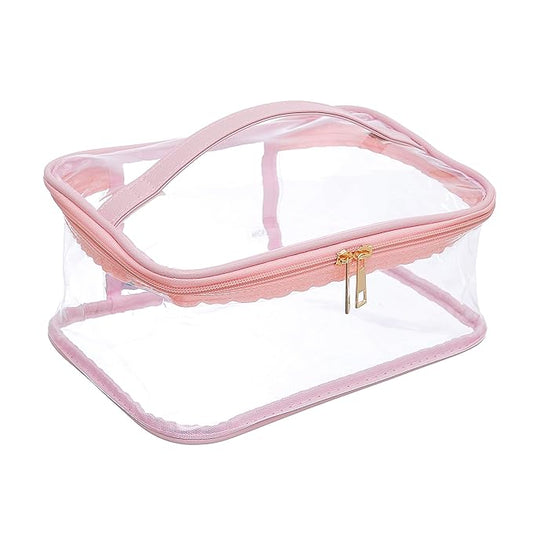 Large Cosmetic Bag for Women / Clear, See-Through Makeup, Hair & Nail Accessories Pouch for Travel or Home / Transparent PVC Plastic Organizer, Spacious Interior, Handle & Double Zippers (Blush)