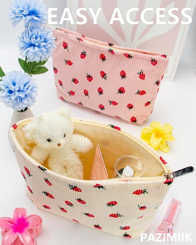 PAZIMIIK Makeup Bag Large Cotton Zipper Pouch for Purse Travel Canvas Make Up Organizer for Women Cosmetic,Strawberry Beige