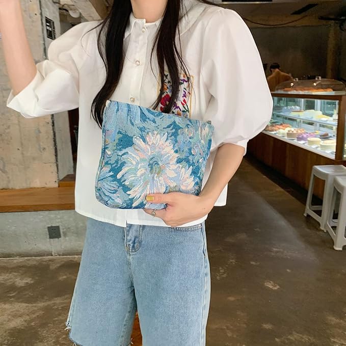 Makeup Bags for Purse Zipper Cosmetic Pouch Large Travel Canvas Make Up Organizer Tool Pouch for Women and Girls,Flower Blue