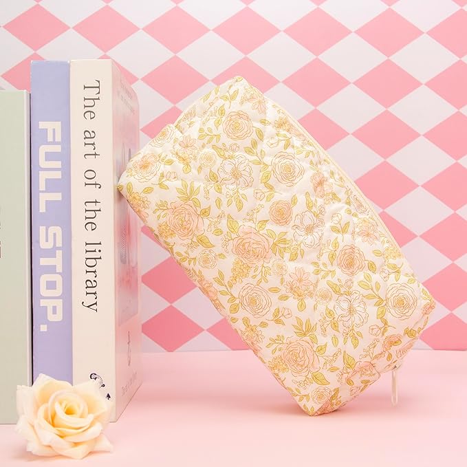 PAZIMIIK Vintage Quilted Makeup Bag Cosmetic Pouch for Brushes Pencils and Travel Make Up Accessories for Women and Girls Rose Beige