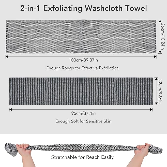 Exfoliating Washcloth Shower Towel - 2 Pack Back and Body Scrubbers for Smooth Skin | Quick-Drying, Durable, and Gentle for Sensitive Skin (Black+Gray)