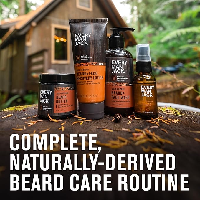 Every Man Jack Mens Aged Bourbon Beard Set - Five Full-Sized Grooming Essentials For a Complete Routine - Beard + Face Wash, Beard + Face Lotion, Hydrating Beard Oil, Beard Butter, and Beard Comb