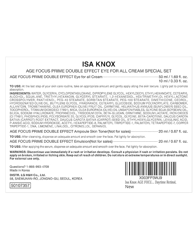 Isa Knox AGE FOCUS Prime Double Effect Eye For All Cream Set (3.4fl oz) - Korean Skincare Set, Lightweight Rich Eye Cream, Toner, Emulsion with Daytime Retinol,