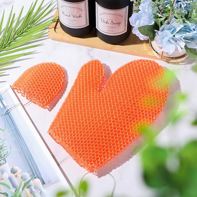 Karenhi 2 Pcs Honeycomb Exfoliating Glove Set Exfoliating Bath Mitt Honeycomb Face and Body Scrubber Shower Mitt for Cleaning Body Shower Face Skin Beauty Spa, Quick Drying(Orange)