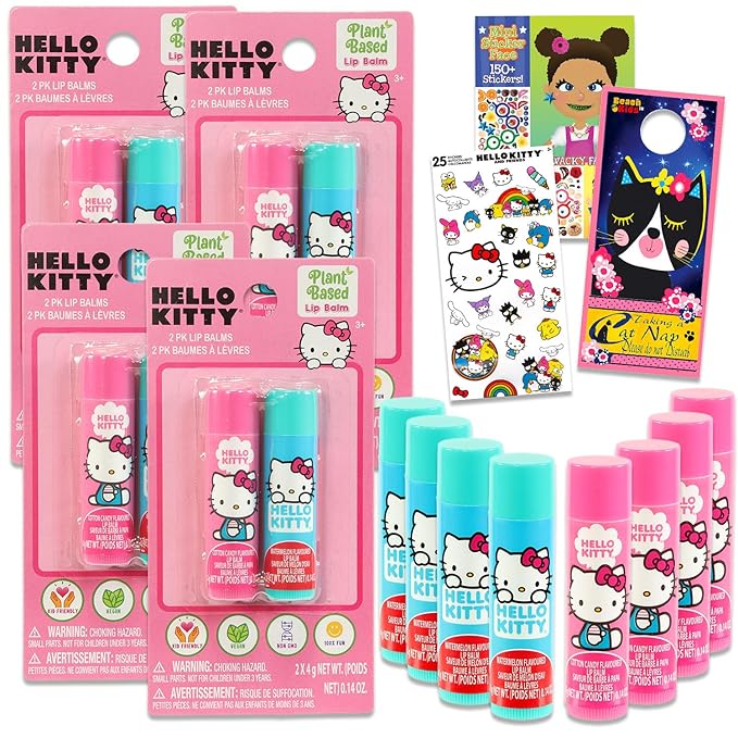 Hello Kitty Lip Balm Tubes - Bundle with 8 Hello Kitty Lip Balms in Assorted Flavors for Party Favors Plus Hello Kitty Stickers, Sticker Activity Book, More | Hello Kitty Party Favors