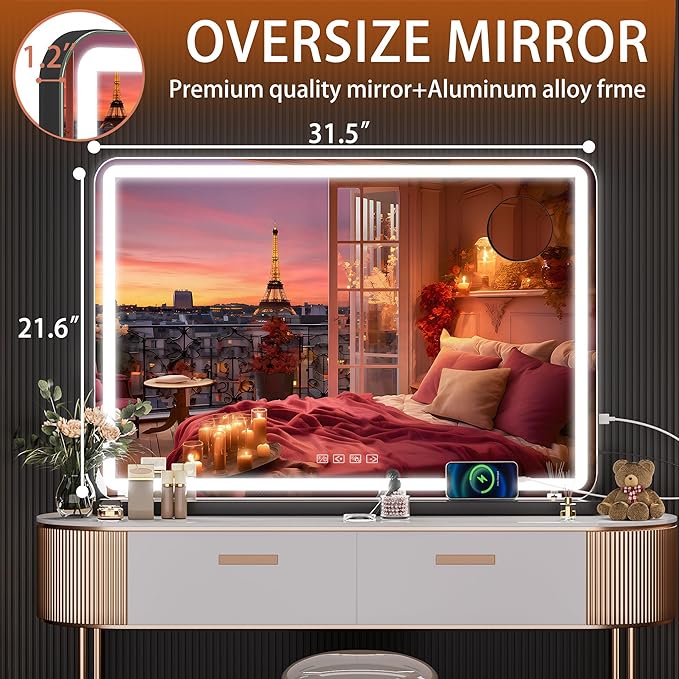 Hasipu Vanity Mirror with Lights and Bluetooth Speaker, 32" x 21.7" LED Makeup Mirror, Lighted Makeup Mirror with Dimmable 3 Modes, USB Charging Port, Round Black
