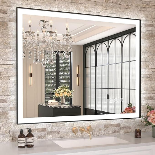 Amorho 40"x 32" LED Bathroom Mirror with Black Frame, Front Light and Backlit(Controlled Separately), Stepless Dimmable, Anti-Fog, Shatter-Proof, 3 Colors, Memory