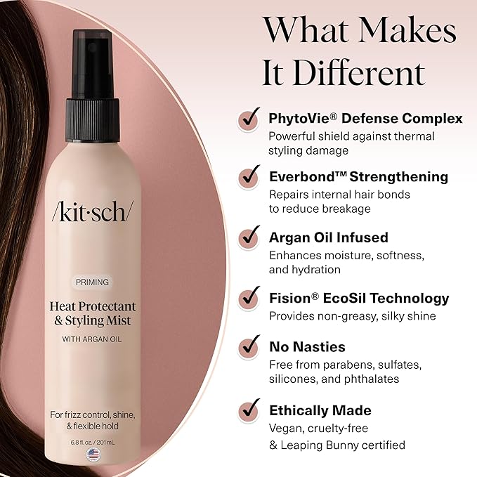 Kitsch Heat Protection Spray for Hair – Heat Protectant for Hair with Argan Oil – Styling Hair Spray for Frizz Control, Shine & Damage Protection – Protects Strands Up to 450°F – 6.8oz