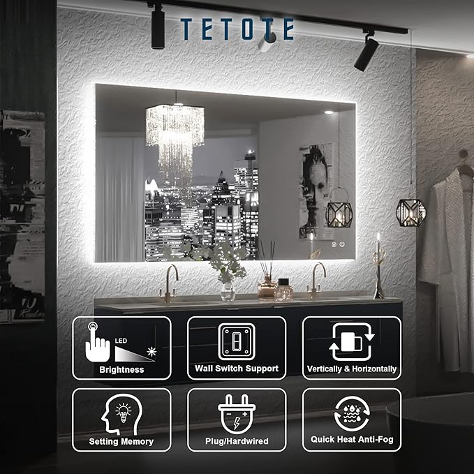 TETOTE 40 x 24 Inch LED Backlit Bathroom Vanity Mirror with Light,Anti-Fog,Dimmable,CRI90+,Touch Button,Water Proof,Horizontal/Vertical,Wall Mounted Lighted Mirror