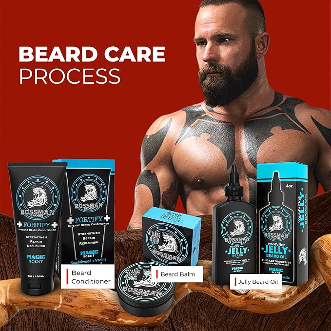 Bossman Essentials Beard Kit for Men, Set of 3 - Beard Oil Jelly, Fortifying Conditioner Cream, Beard Balm - Grooming Growth Care Accessories (Magic)