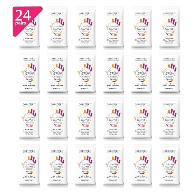 Bodipure All-In-1 Moisturizing Hand Mask Gloves (24 Pairs) – Keratin & Vitamin E Treatment for Dry Cracked Hands, Deep Hydration Repair Gloves, Strengthen Nails & Soften Cuticles, Spa Hand Care
