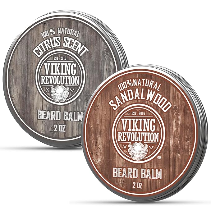 Viking Revolution Citrus and Sandalwood Beard Balm - Butter With Argan Oil, Softener With Jojoba Oil, Moisturizer With Beeswax - Wax for Men With Mango Butter (2oz, 2 Pack)
