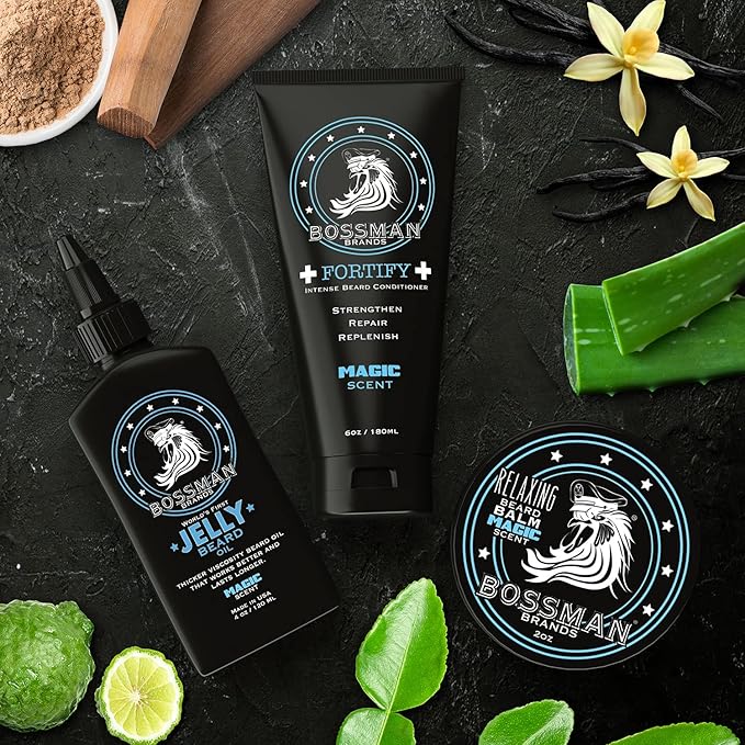 Bossman Essentials Beard Kit for Men, Set of 3 - Beard Oil Jelly, Fortifying Conditioner Cream, Beard Balm - Grooming Growth Care Accessories (Magic)