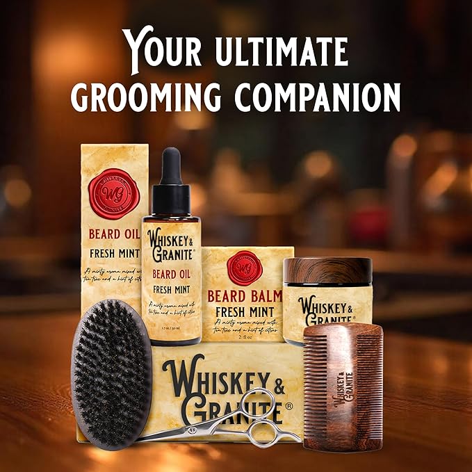 Whiskey & Granite Beard Kit for Men – 100% Natural Ingredients (Fresh Mint). Includes beard oil and balm, comb, brush, and scissors.