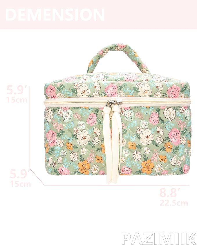 PAZIMIIK Quilted Makeup Bag Large Travel Zipper Soft Cosmetic Case for Women Girls Make Up,Green Flower