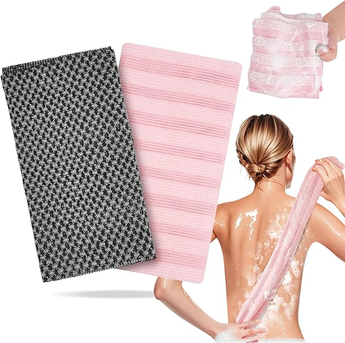 Exfoliating Washcloth Shower Towel - 2 Pack Back and Body Scrubbers for Smooth Skin | Quick-Drying, Durable, and Gentle for Sensitive Skin (Gray+Pink)