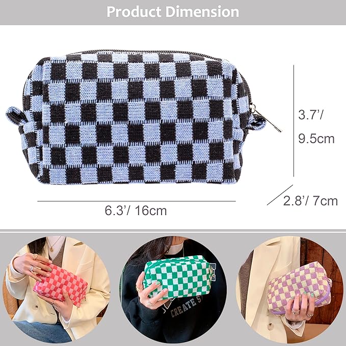 PAZIMIIK Checkered Makeup Bag for Purse Portable Zipper Make Up Pouch Small Cosmetic Case for Travel Accessories (Blue Black)