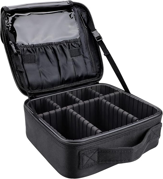 JOURMON Travel Makeup Bag, Large Capacity Cosmetic Train Case for Women Portable Pouch Open Flat Artist Brushes Toiletry Jewelry Digital Organizer Storage Bag with Adjustable Dividers (Black,S)